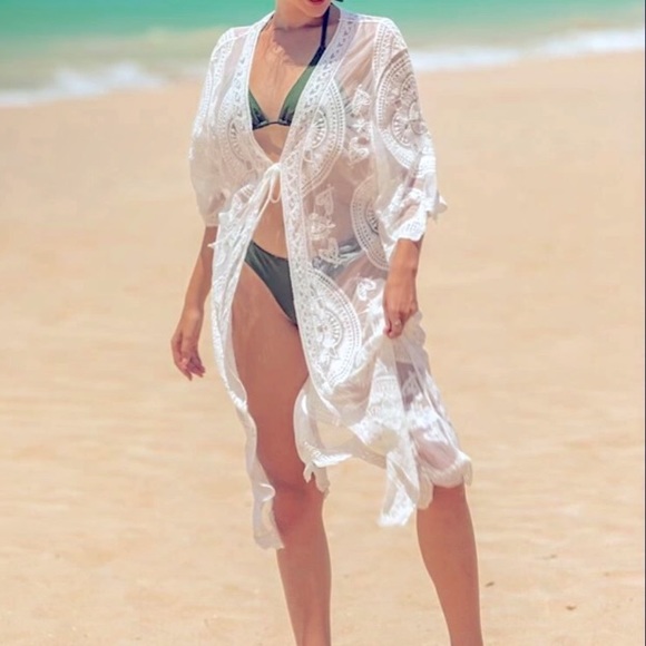 Sheer Embroidery Tie Front Mesh Kimono - Picture 4 of 12